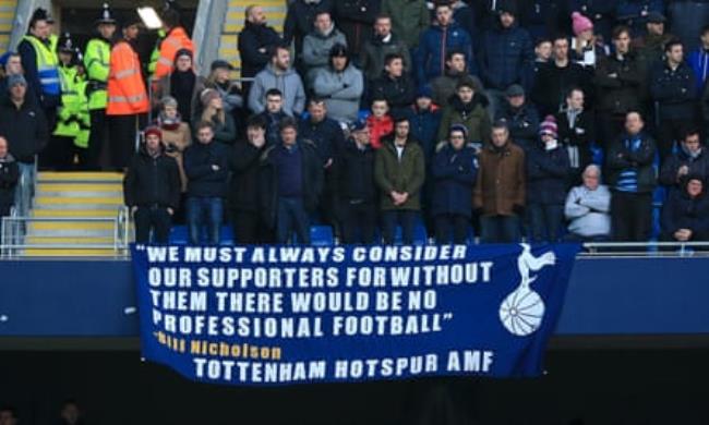 Tottenham Hotspur fans display a banner a<em></em>bout ticket prices in the stands of Etihad Stadium during their game against Manchester City in February 2016.