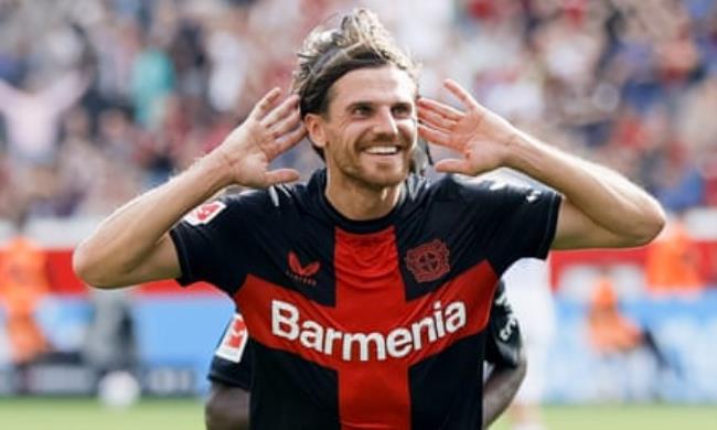 Jo<em></em>nas Hofmann celebrates after scoring Leverkusen’s fourth goal in the 5-1 win over Darmstadt.